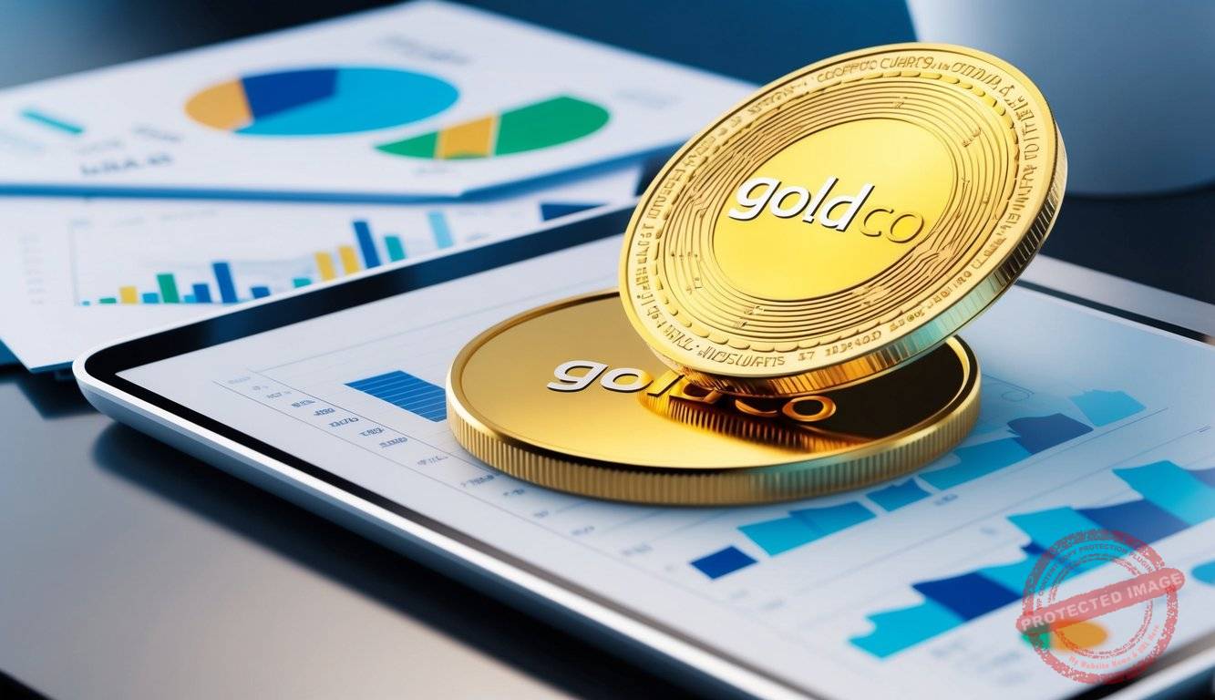 A golden coin with the Goldco logo sits atop a sleek, modern desk surrounded by financial charts and graphs
