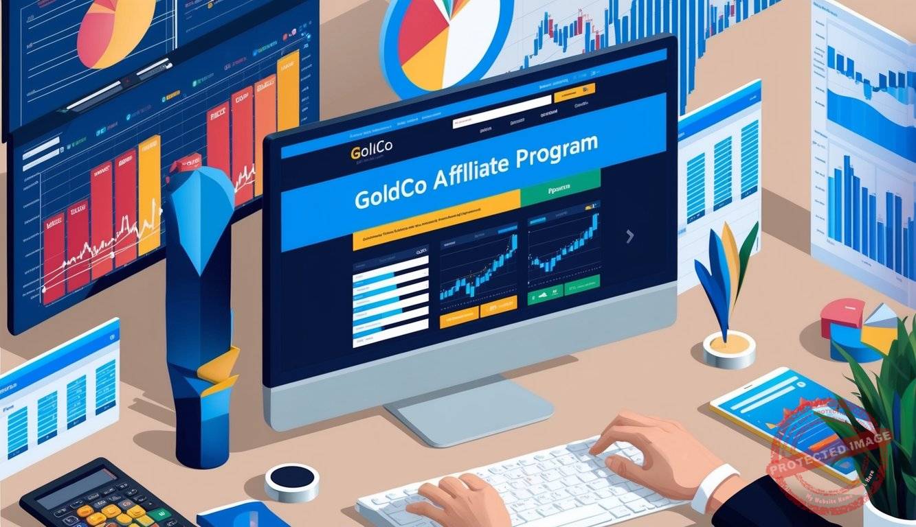 A computer with Goldco Affiliate Program website open, surrounded by financial charts and graphs
