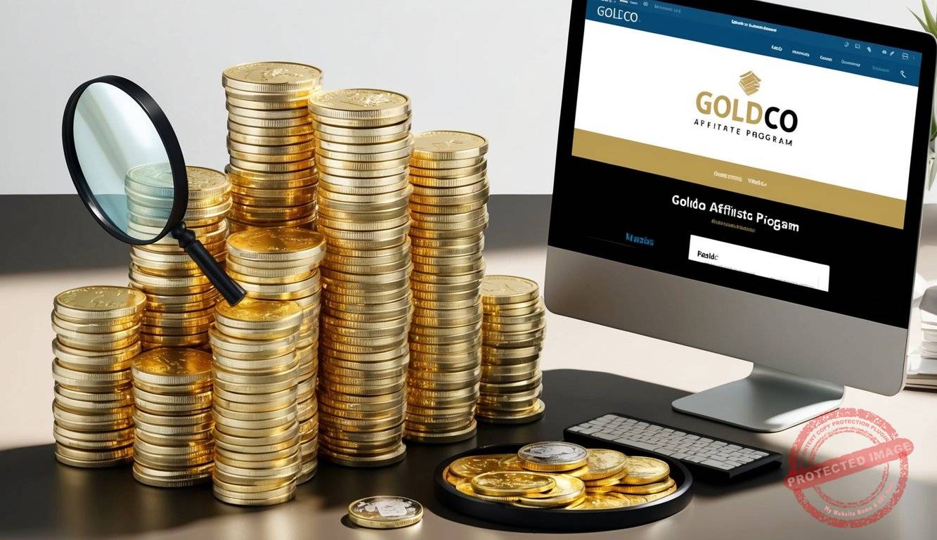 A stack of gold coins and bars arranged on a table, with a magnifying glass and a computer showing the Goldco Affiliate Program website