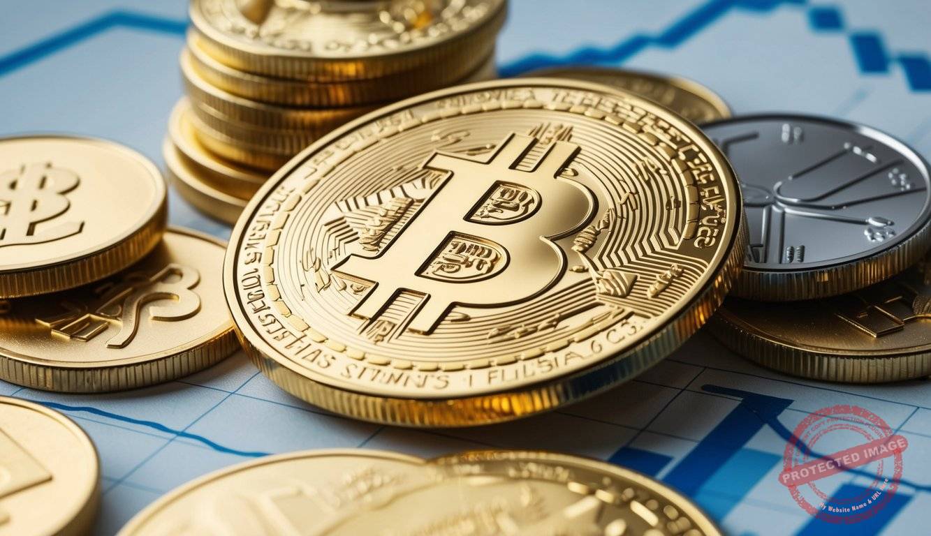 A gleaming gold coin nestled among financial assets and investment symbols