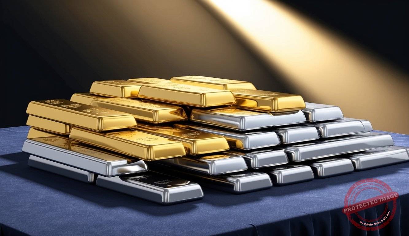A stack of gold and silver bars arranged neatly on a dark velvet background, with a spotlight casting a warm glow on the precious metals