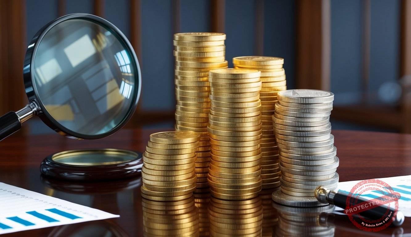 A stack of gold coins and bars arranged on a polished wooden table, with a magnifying glass and financial charts nearby