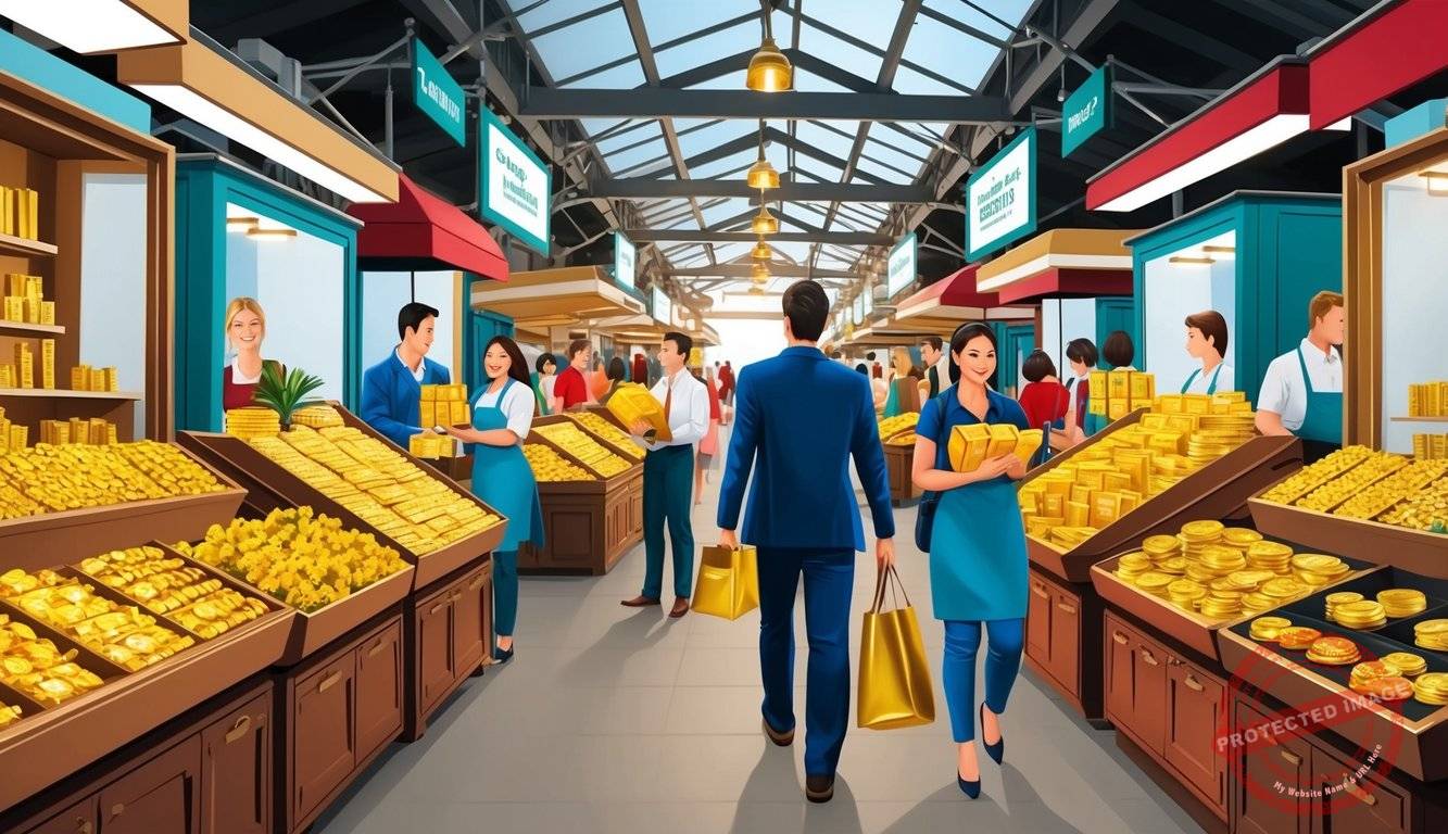 A bustling market with various vendors, showcasing products related to gold investments and affiliate marketing programs