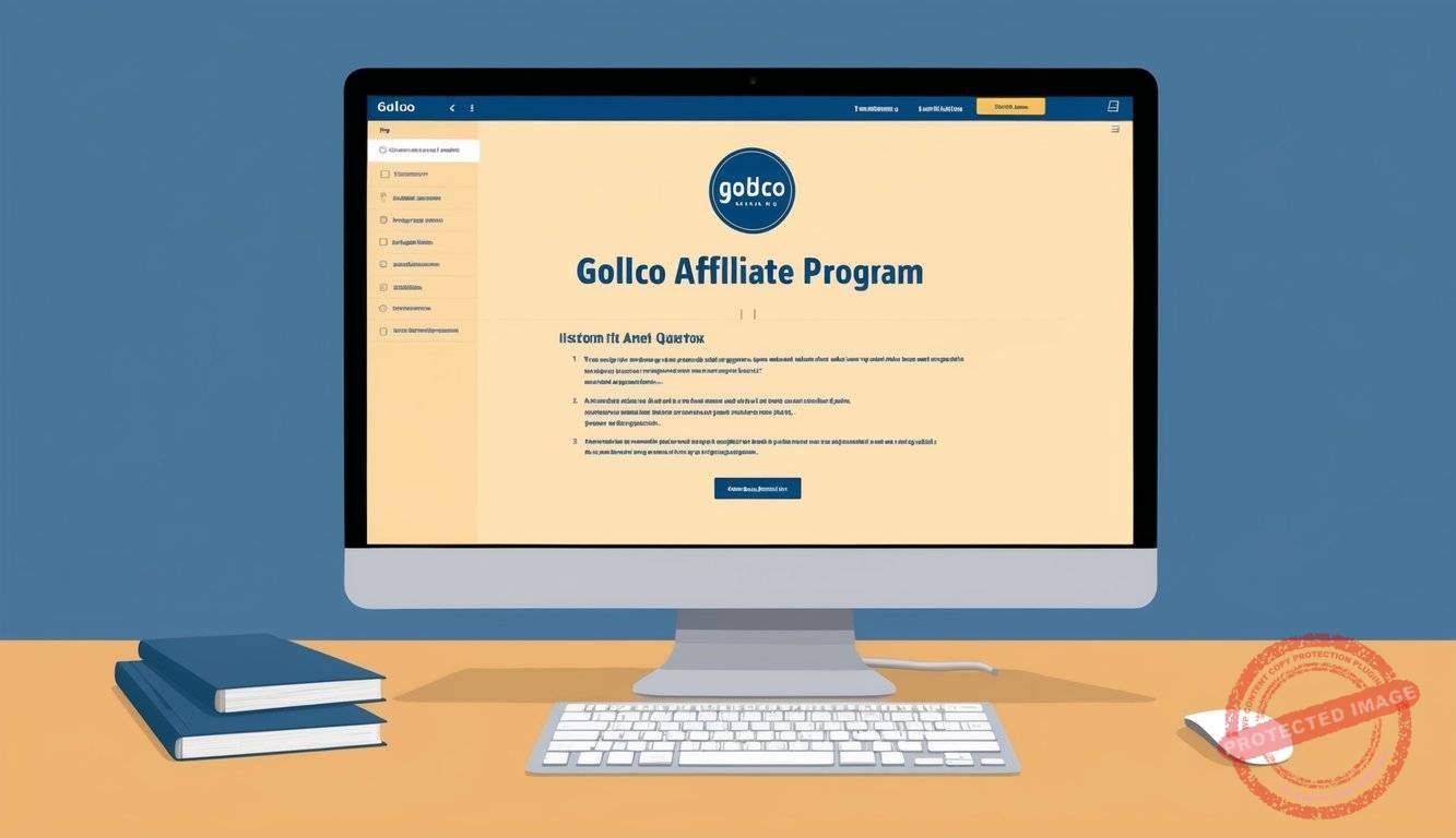 A computer screen displaying the Goldco Affiliate Program webpage with a list of frequently asked questions and a logo
