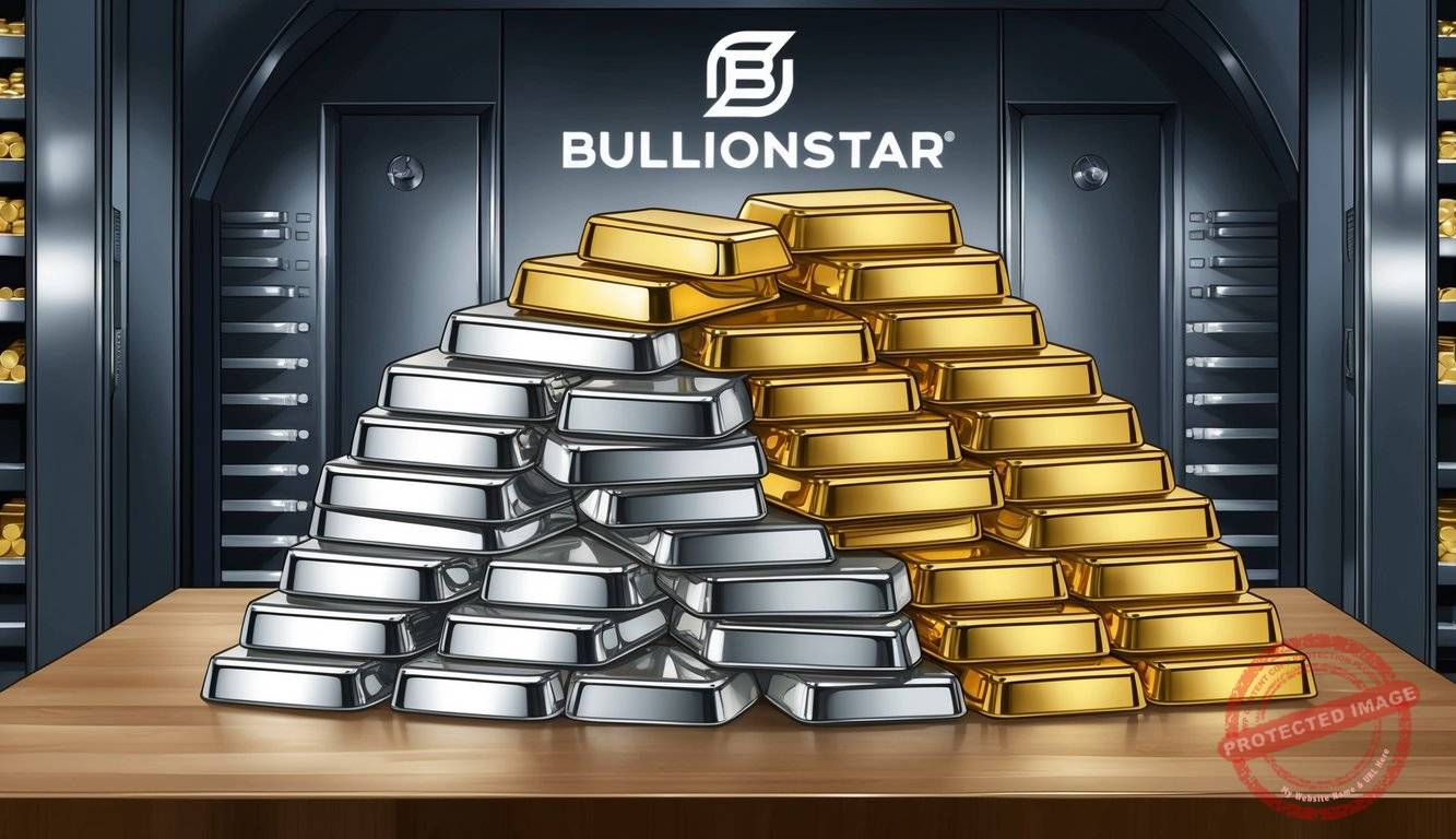 A stack of gold and silver bullion bars displayed in a secure vault with the BullionStar logo prominently featured