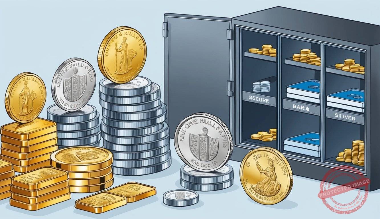 A display of various gold and silver bullion bars and coins, alongside a range of secure storage options and expert consulting services