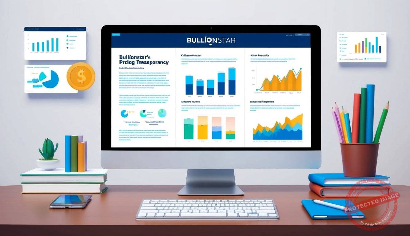 A sleek, modern computer screen displaying a detailed review of bullionstar's pricing and transparency, with various charts and graphs