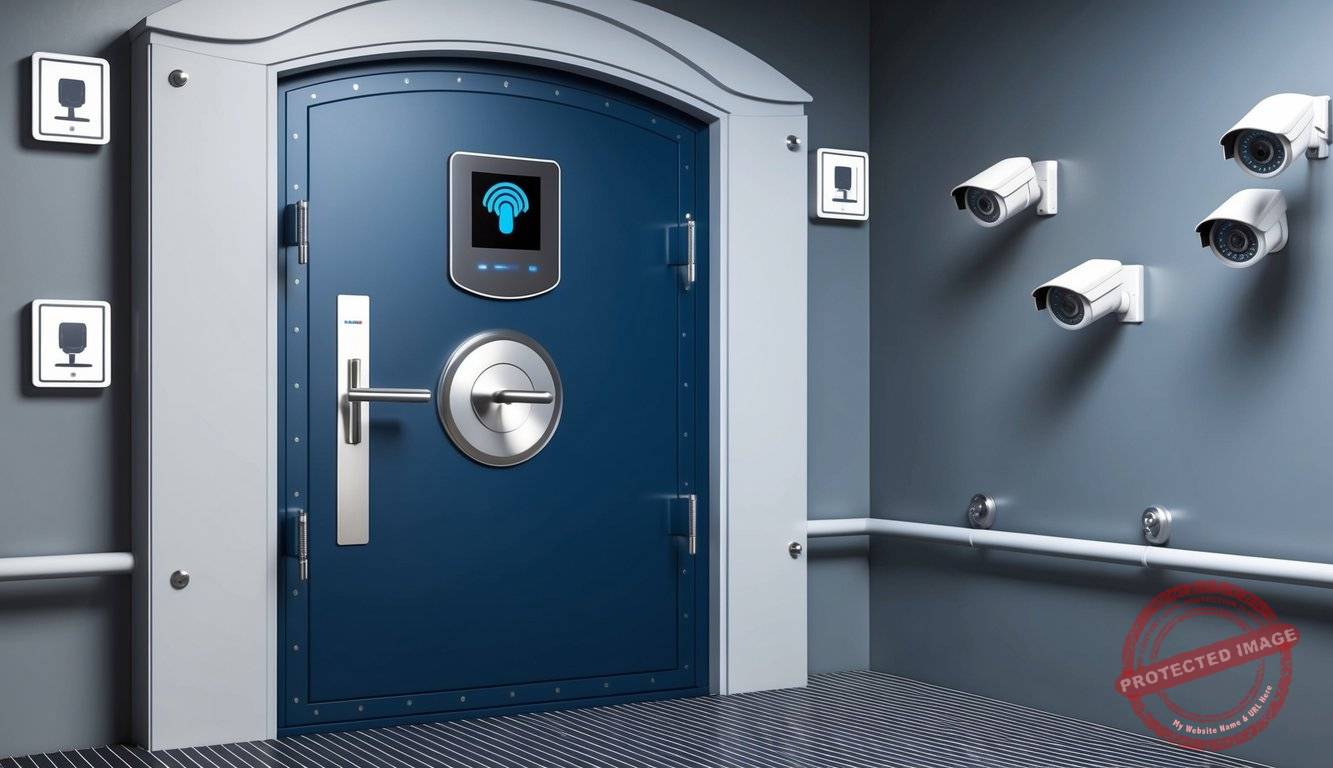 A secure vault door with a biometric scanner and keypad. Surveillance cameras and motion sensors are installed around the perimeter