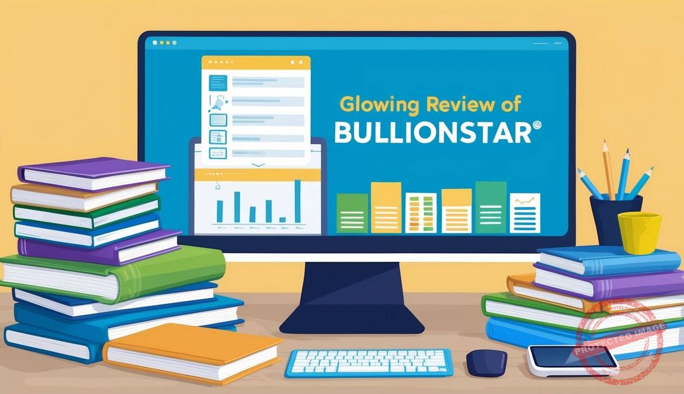 A stack of educational resources, including books, tablets, and charts, arranged neatly on a desk with a glowing review of BullionStar displayed on a computer screen