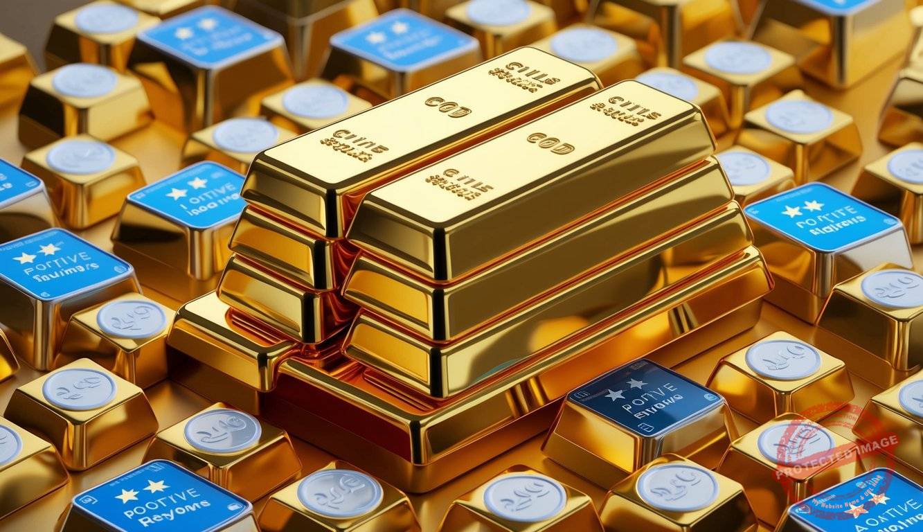 A stack of gold bars surrounded by positive reviews and ratings