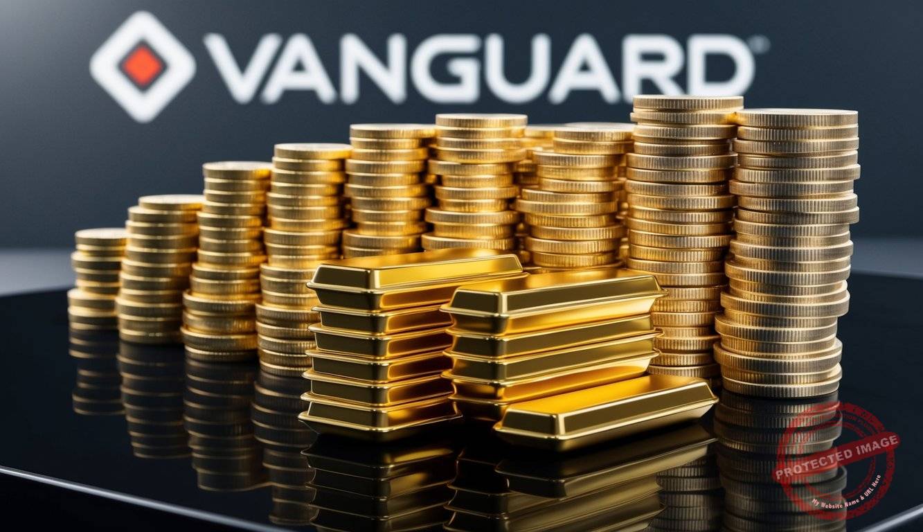 A stack of gold coins and bars arranged neatly on a sleek black table, with a Vanguard logo in the background