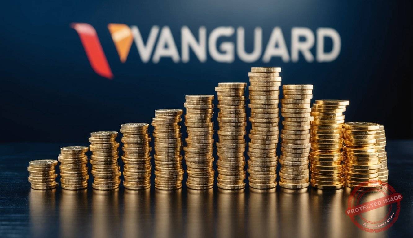 A stack of gold coins and bars arranged neatly on a dark, polished surface, with the Vanguard logo in the background