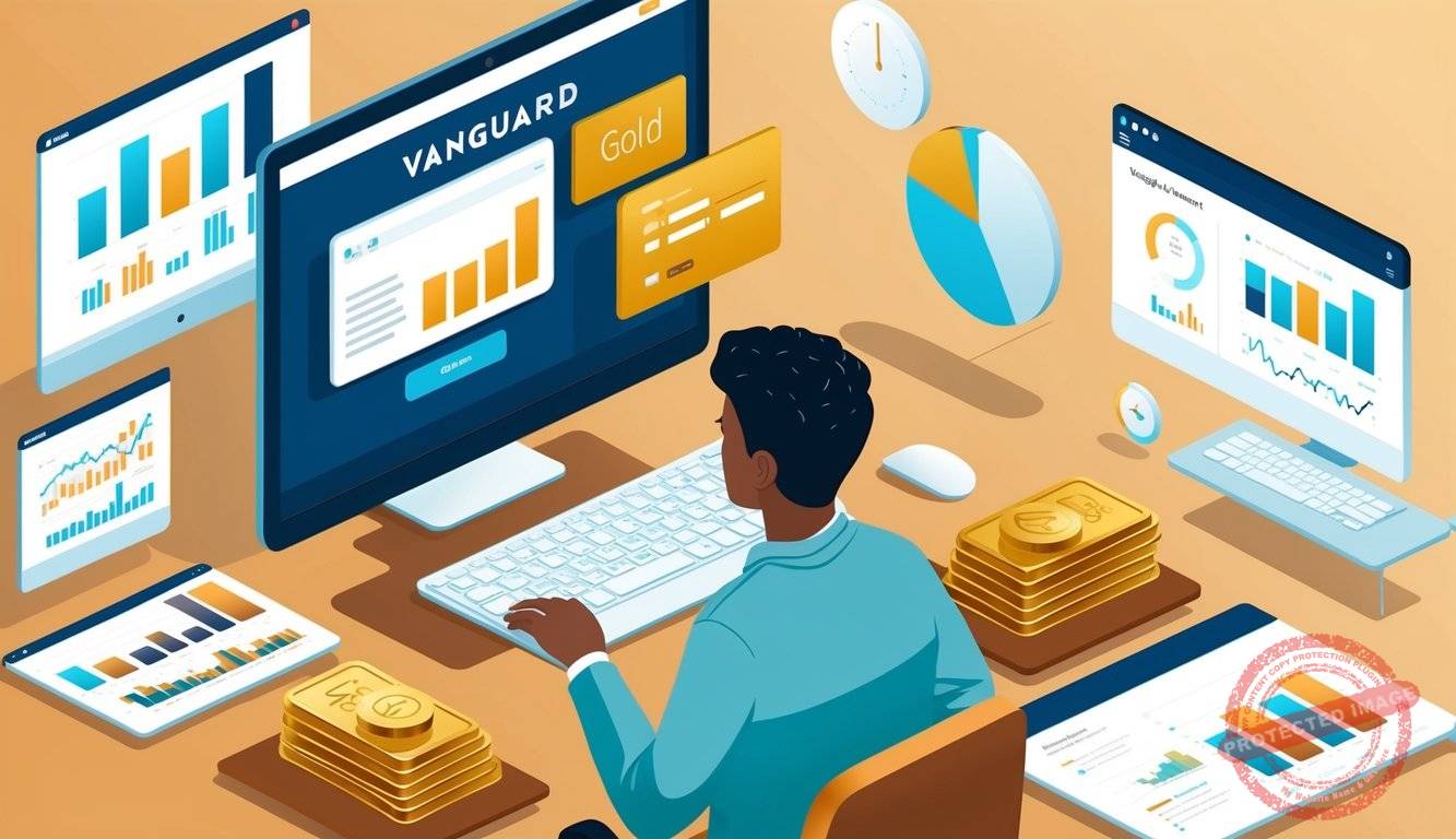 A person researching gold investment options online, with Vanguard's website open on a computer screen, surrounded by financial charts and graphs