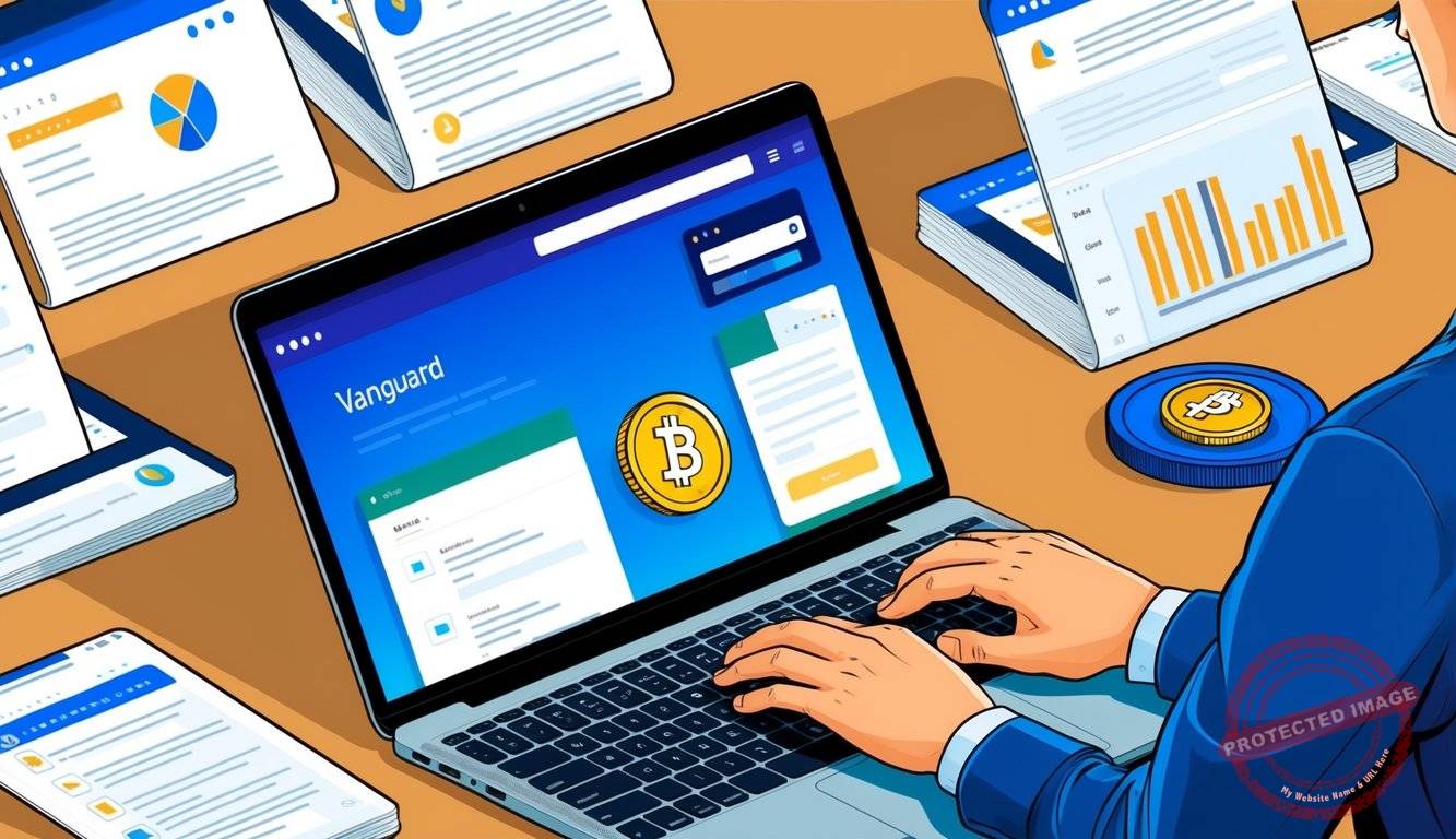 A person researching online, surrounded by open tabs and a laptop, with a gold coin and Vanguard website on the screen