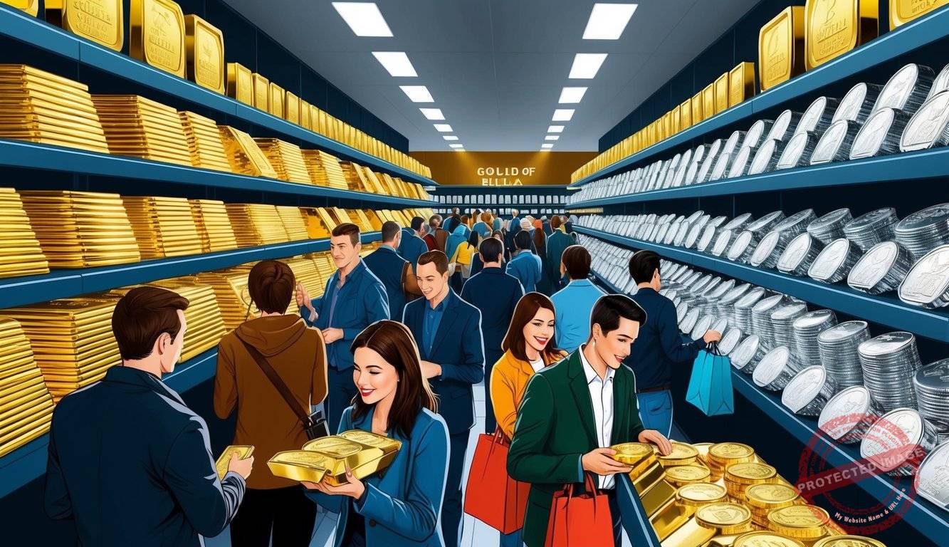 A crowded store with shelves of shining gold and silver, customers eagerly browsing for discounted bullion on Black Friday