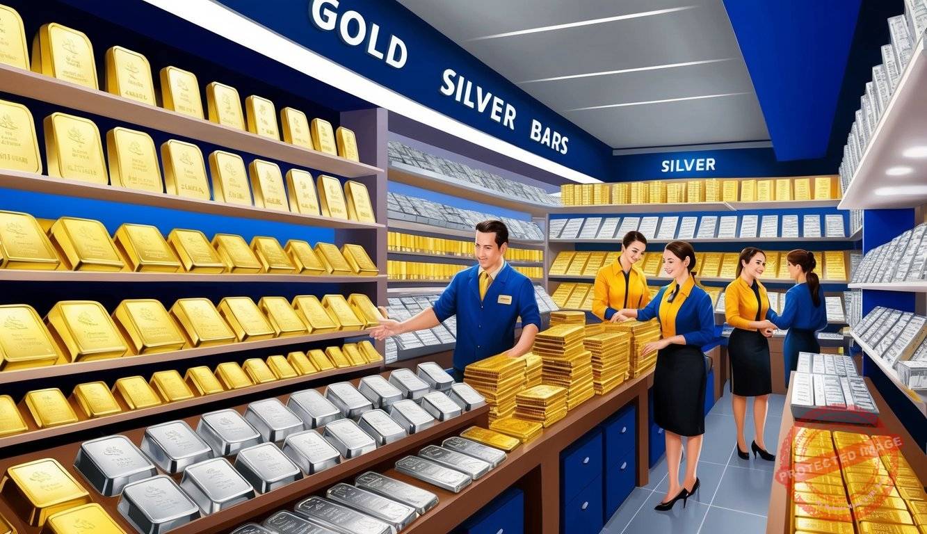 A crowded store with shelves of shining gold and silver bars, customers browsing and staff assisting