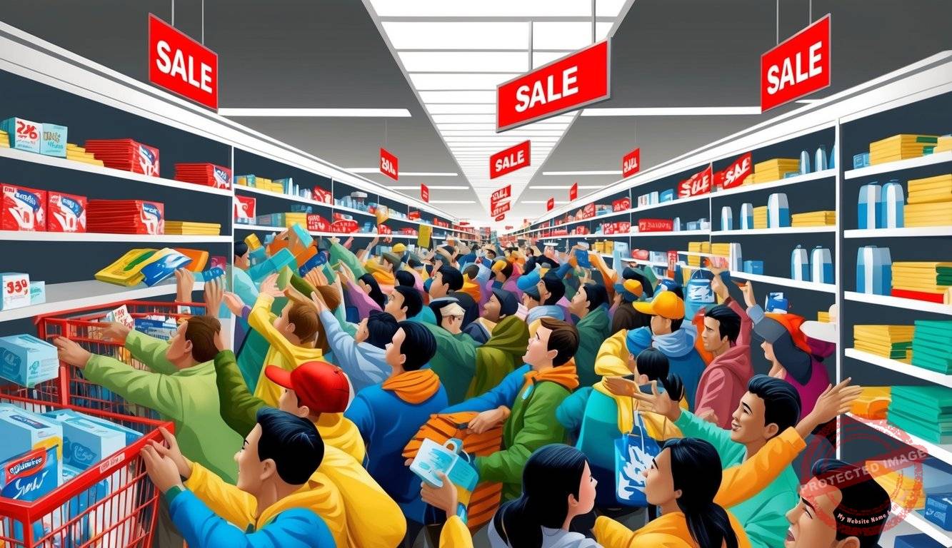 Crowds of shoppers flood a store, grabbing discounted items. Shelves are emptied as chaos ensues. Red sale signs adorn the aisles