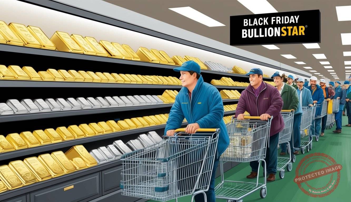 A crowded store with shelves of gold and silver bars, customers lining up with shopping carts, and a sign advertising "Black Friday bullionstar" deals