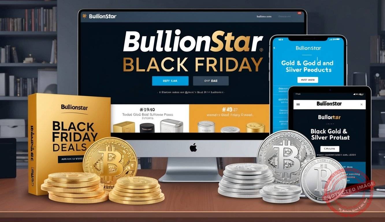 A computer screen showing BullionStar's Black Friday deals with various gold and silver products on display