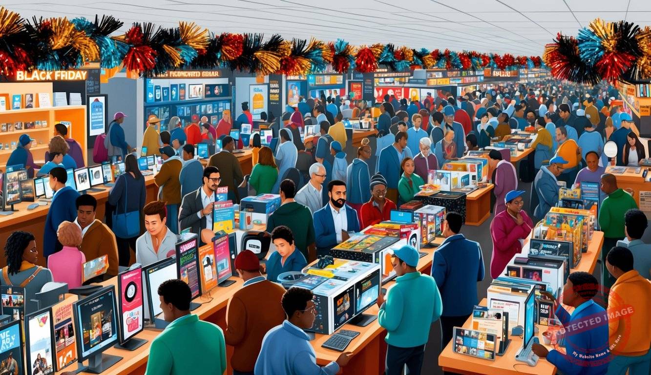 A crowded marketplace with people browsing and engaging with various media items, surrounded by festive Black Friday decorations