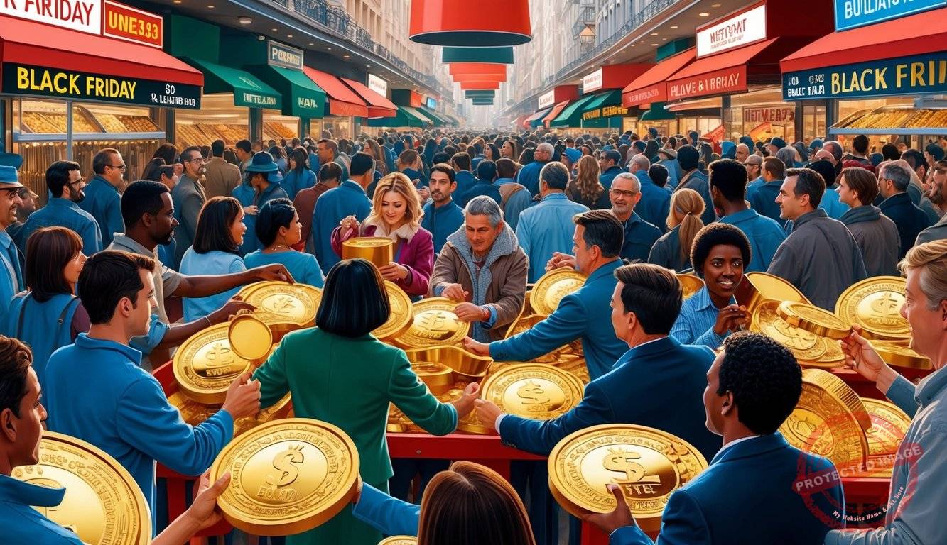A crowded marketplace with people reaching for discounted bullion on Black Friday