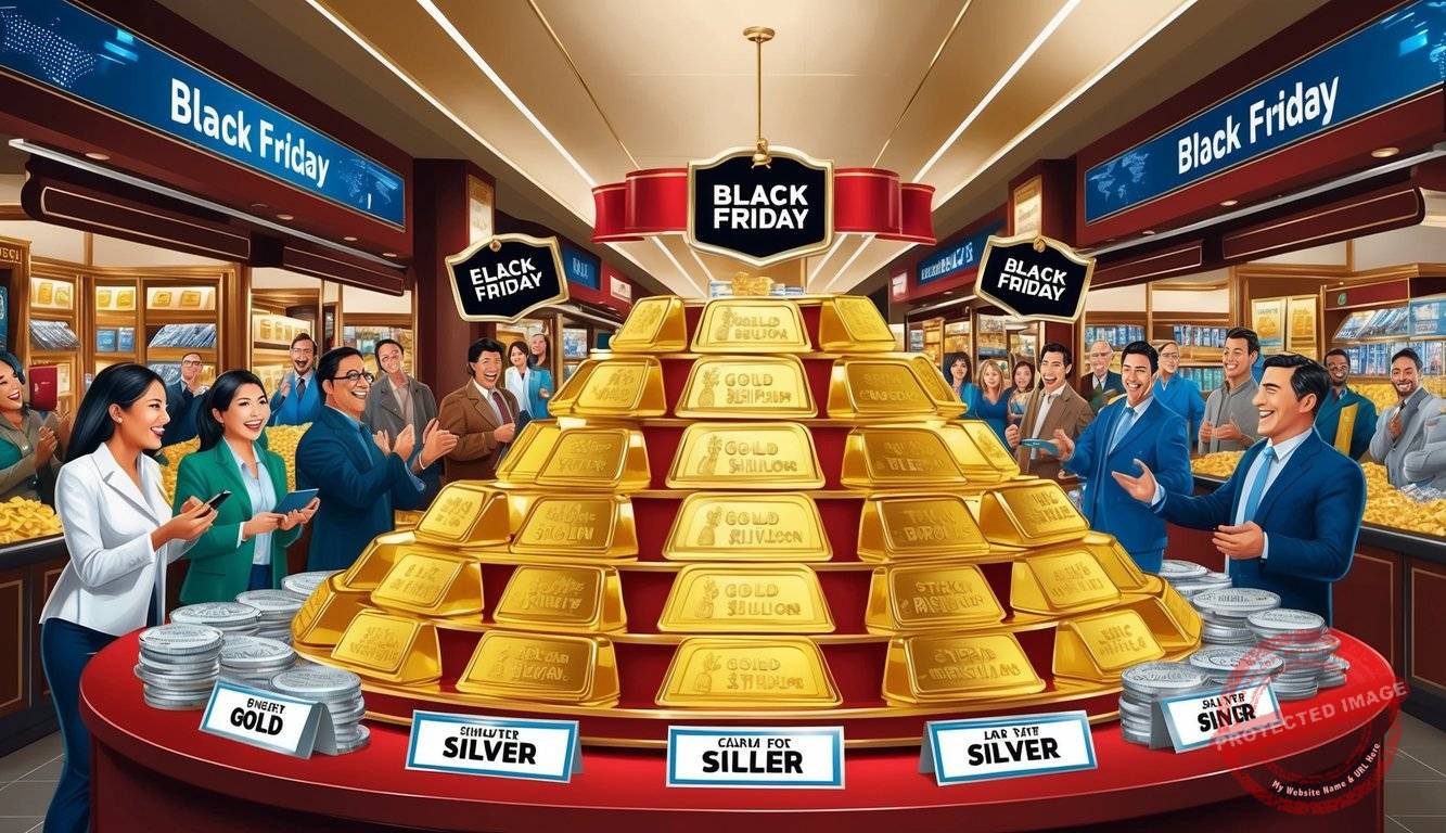 A bustling marketplace with shining gold and silver bullion on display, surrounded by excited customers and special Black Friday promotions