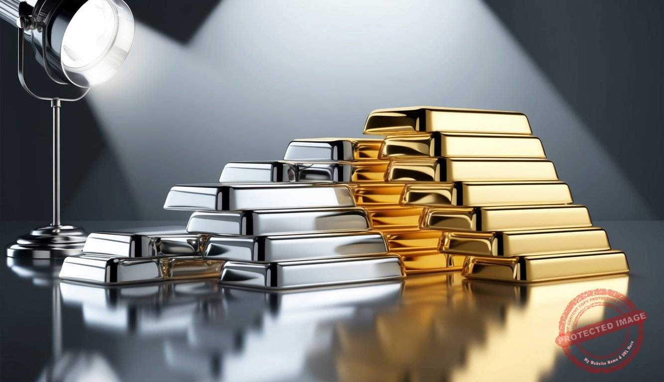 A stack of silver and gold bullion bars arranged on a reflective surface, with a spotlight highlighting their metallic shine