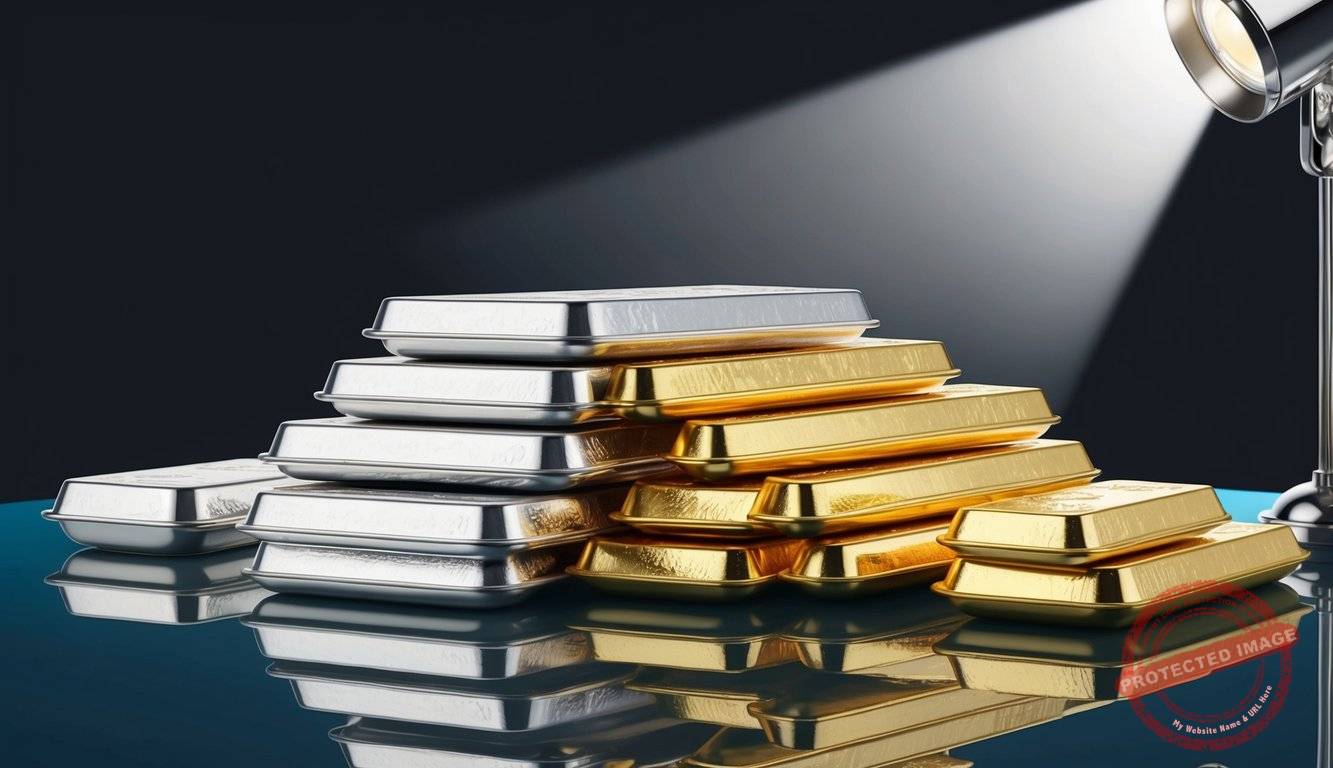 A stack of silver and gold bullion bars arranged on a reflective surface with a spotlight shining on them