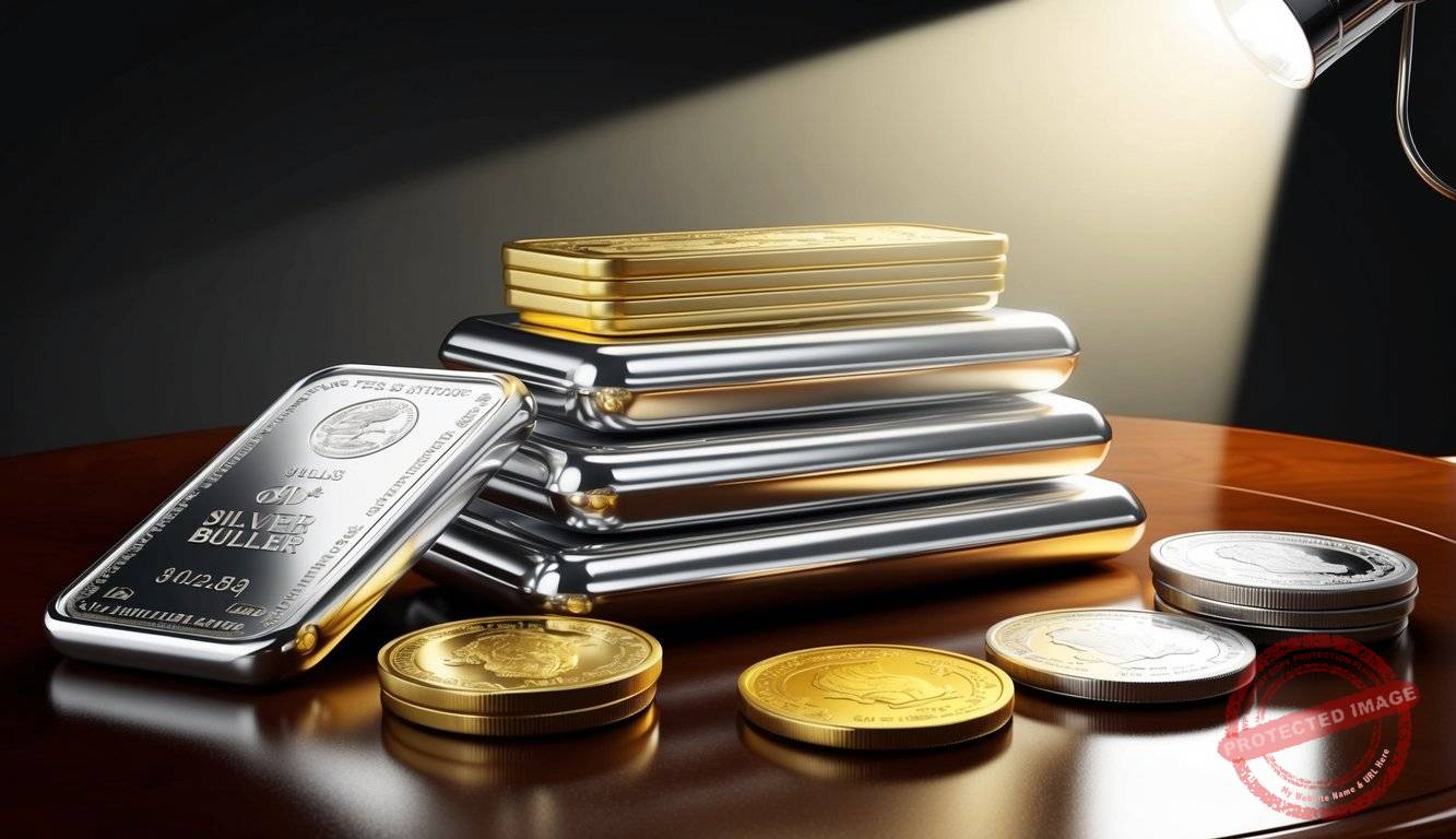 A stack of silver and gold bullion bars and coins displayed on a polished wooden table, with a spotlight illuminating the precious metals
