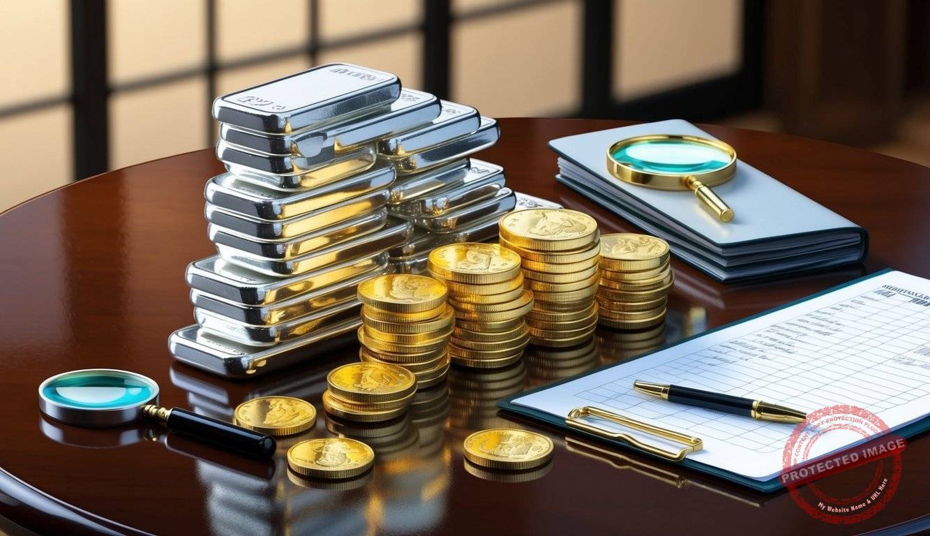 A stack of silver and gold bullion bars and coins arranged on a polished wooden table, with a magnifying glass and a ledger nearby for review