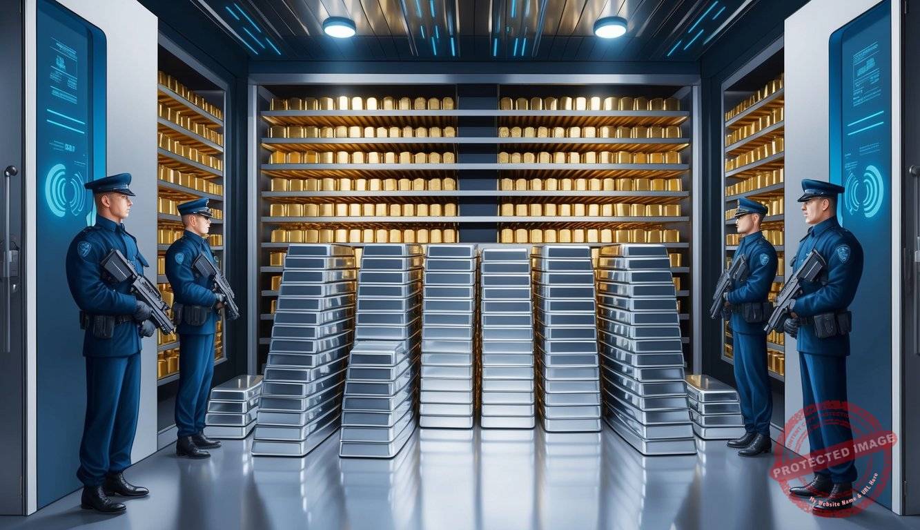 A secure vault with rows of silver and gold bars, surrounded by armed guards and high-tech security measures