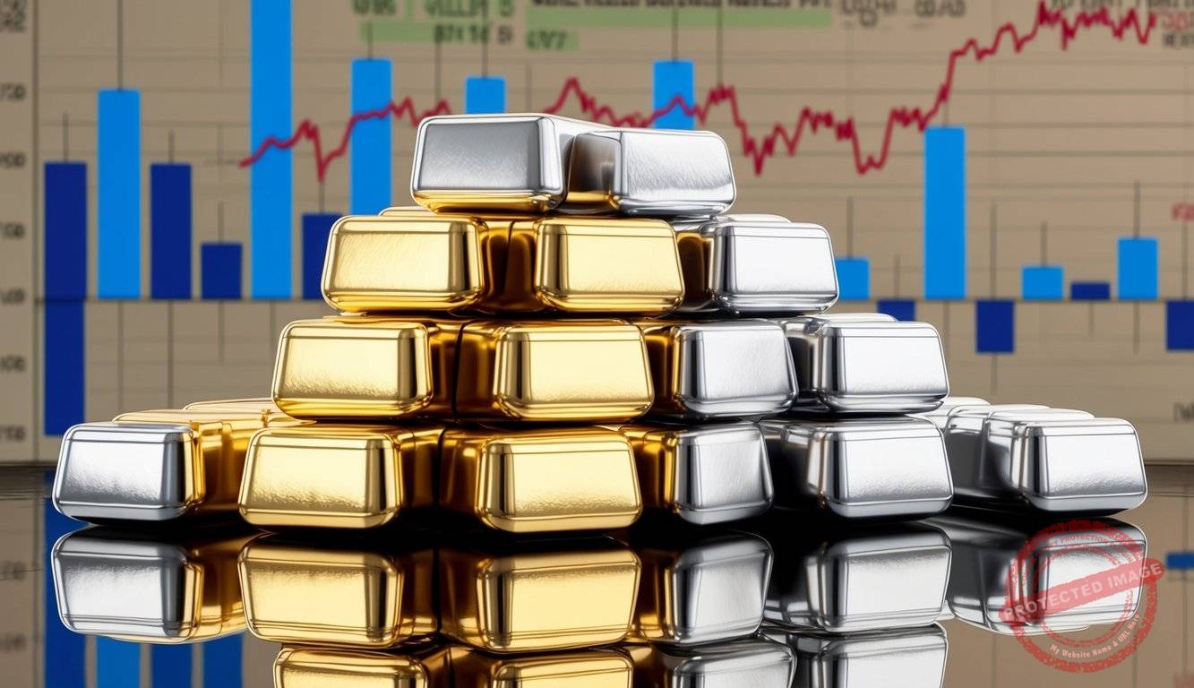 A stack of silver and gold bullion bars arranged on a reflective surface, with pricing and rate charts in the background