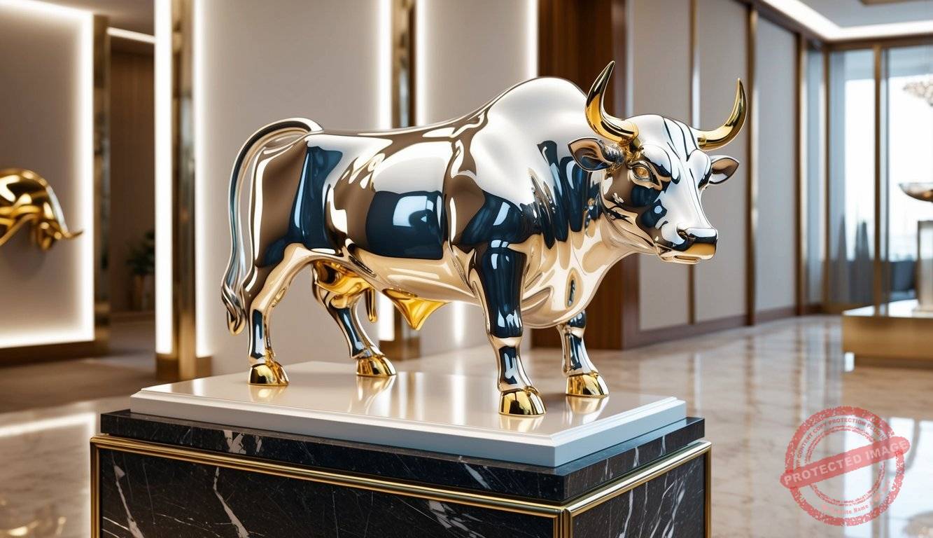 A sleek silver and gold bull statue stands on a polished marble pedestal, reflecting the light in a luxurious showroom