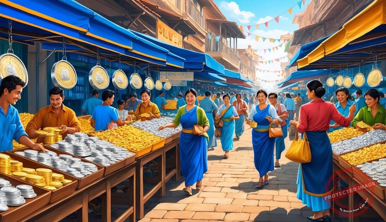 A bustling market with vendors selling silver and gold bullion, customers browsing and making purchases, and a sense of excitement and opportunity in the air