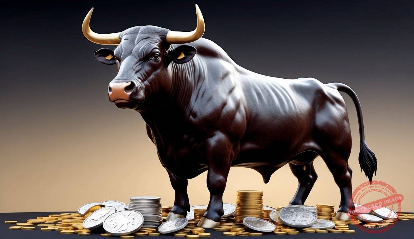 A majestic bull standing proudly with silver and gold coins scattered around its feet