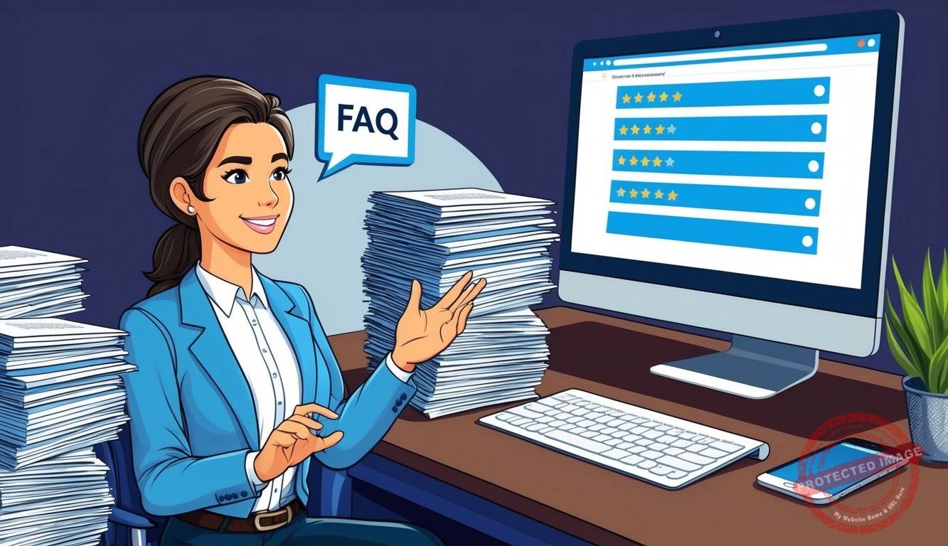 A customer service representative answering questions about Silver Gold Bull, surrounded by a stack of FAQ documents and a computer screen displaying positive reviews