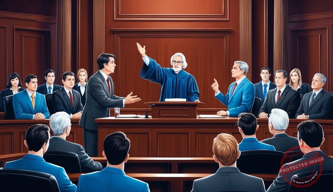 A courtroom with a judge presiding, lawyers arguing, and a jury listening attentively
