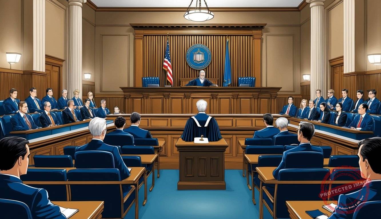 A courtroom with a judge's bench, witness stand, and seating for lawyers and spectators. The room is filled with tension as the Goldco Lawsuit unfolds