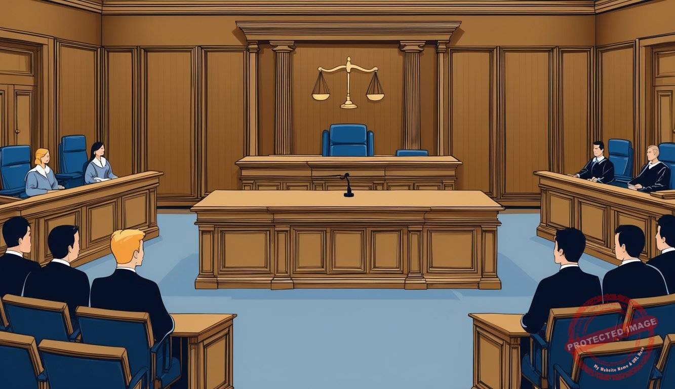 A courtroom with a judge's bench, witness stand, and seating for lawyers and spectators. The room is formal and professional, with wood paneling and the scales of justice displayed prominently