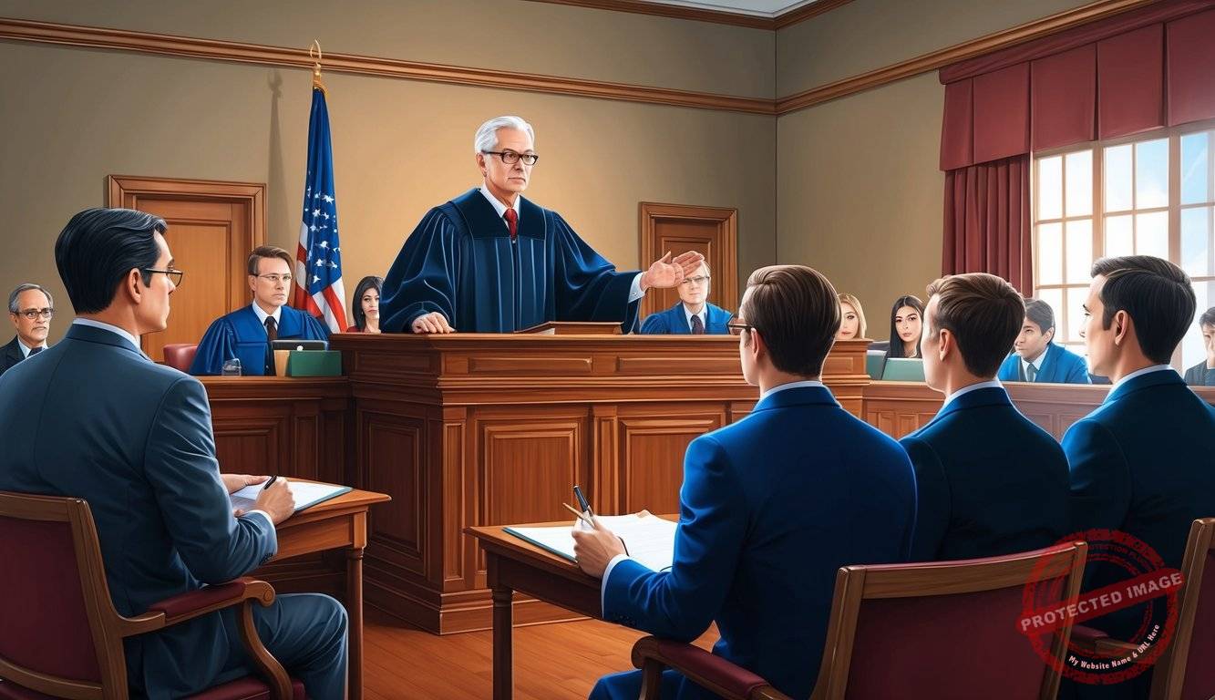 A courtroom with a judge presiding over a trial, lawyers presenting evidence, and a jury listening attentively