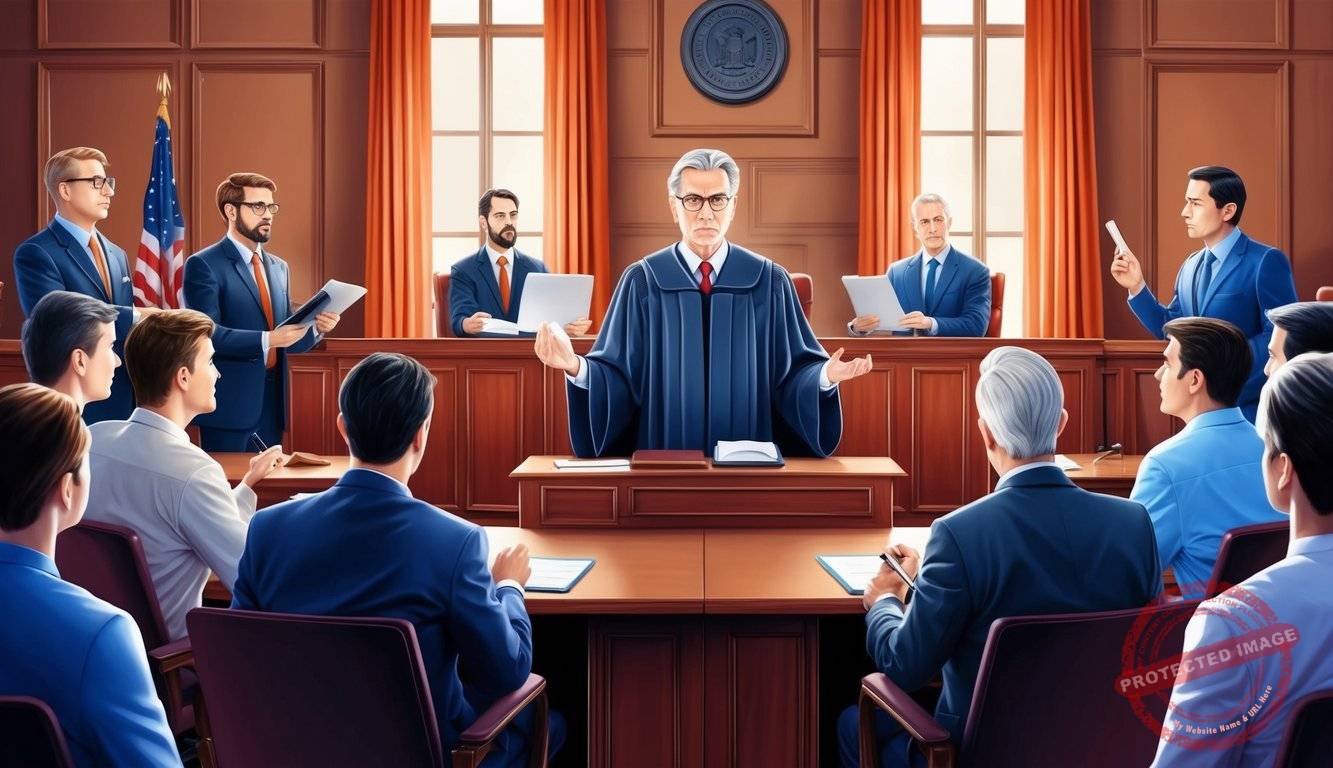 A judge presiding over a courtroom, with lawyers presenting evidence and arguing their case in front of a jury