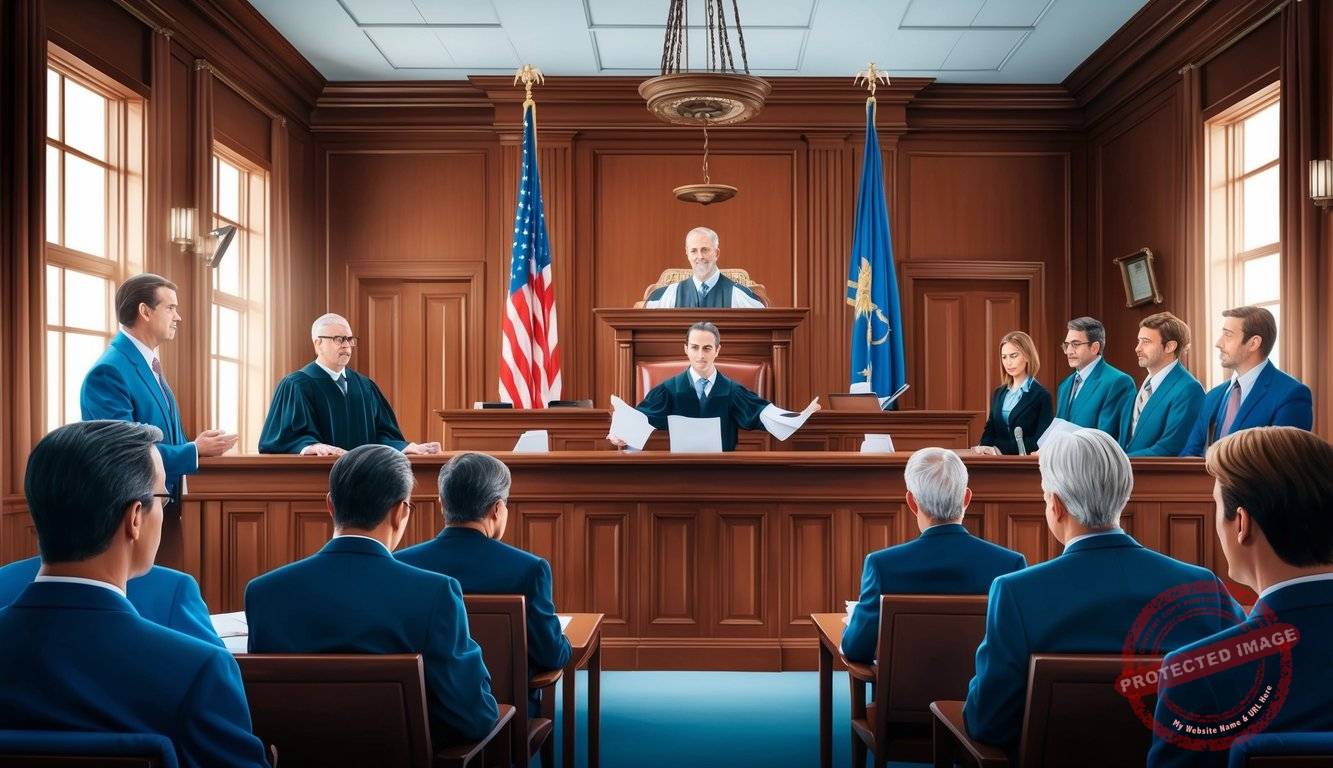 A courtroom with lawyers presenting arguments and evidence in front of a judge and jury