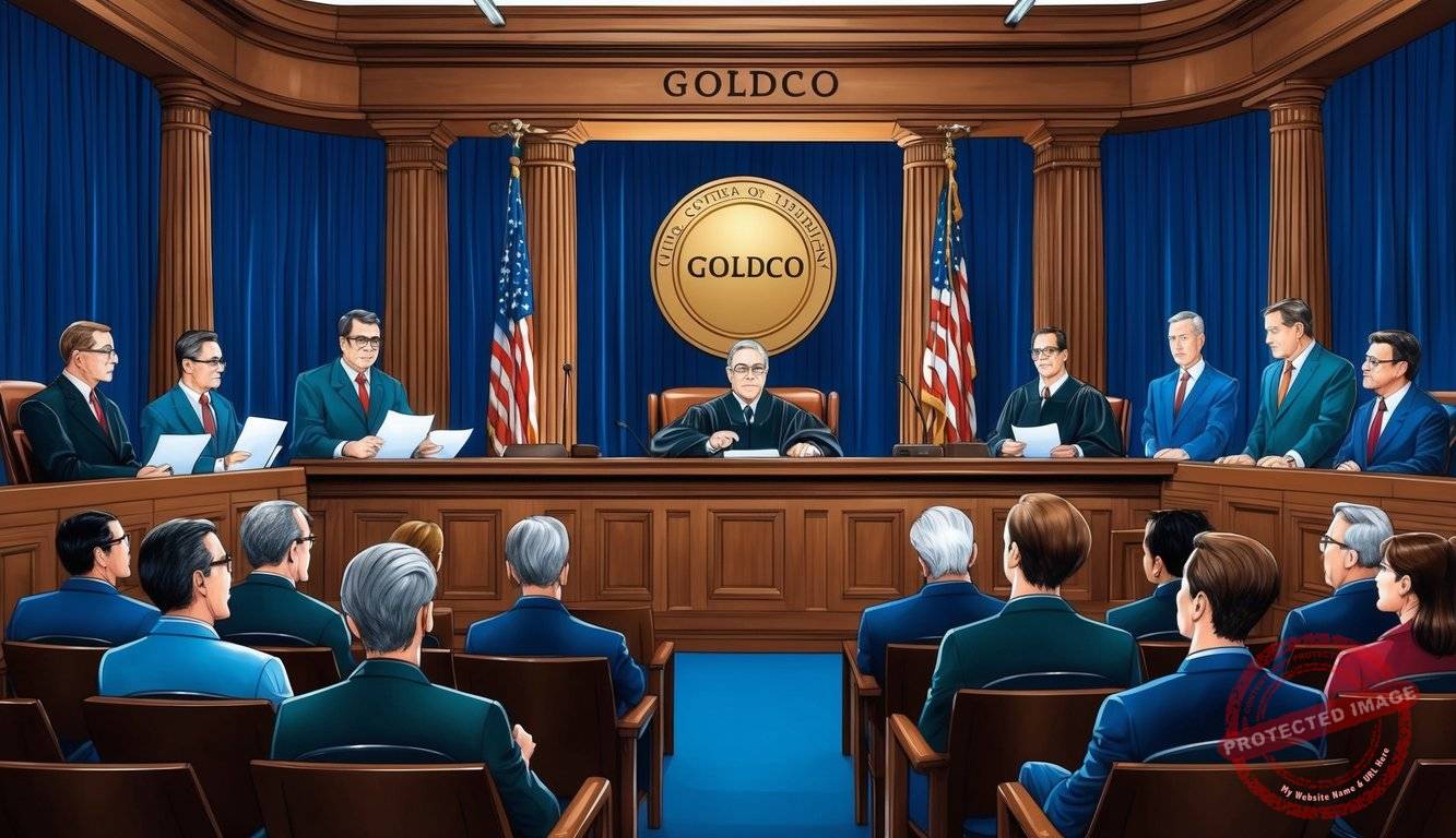 A courtroom with a judge presiding over the Goldco lawsuit, lawyers presenting arguments, and a jury listening attentively