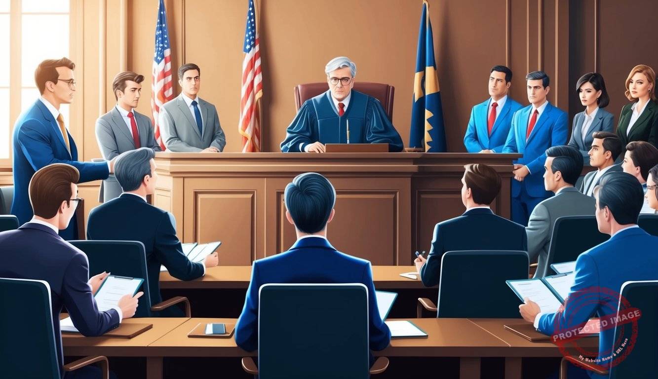 A courtroom with a judge presiding over a lawsuit, lawyers presenting arguments, and a jury listening intently. The scene is filled with tension and anticipation for the future outcome