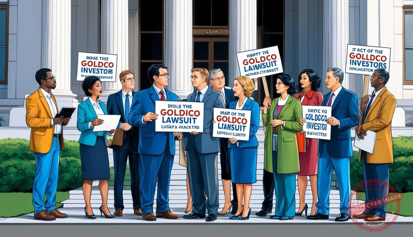 A group of concerned investors gather outside a courthouse, holding signs and discussing the impact of the Goldco lawsuit on the market