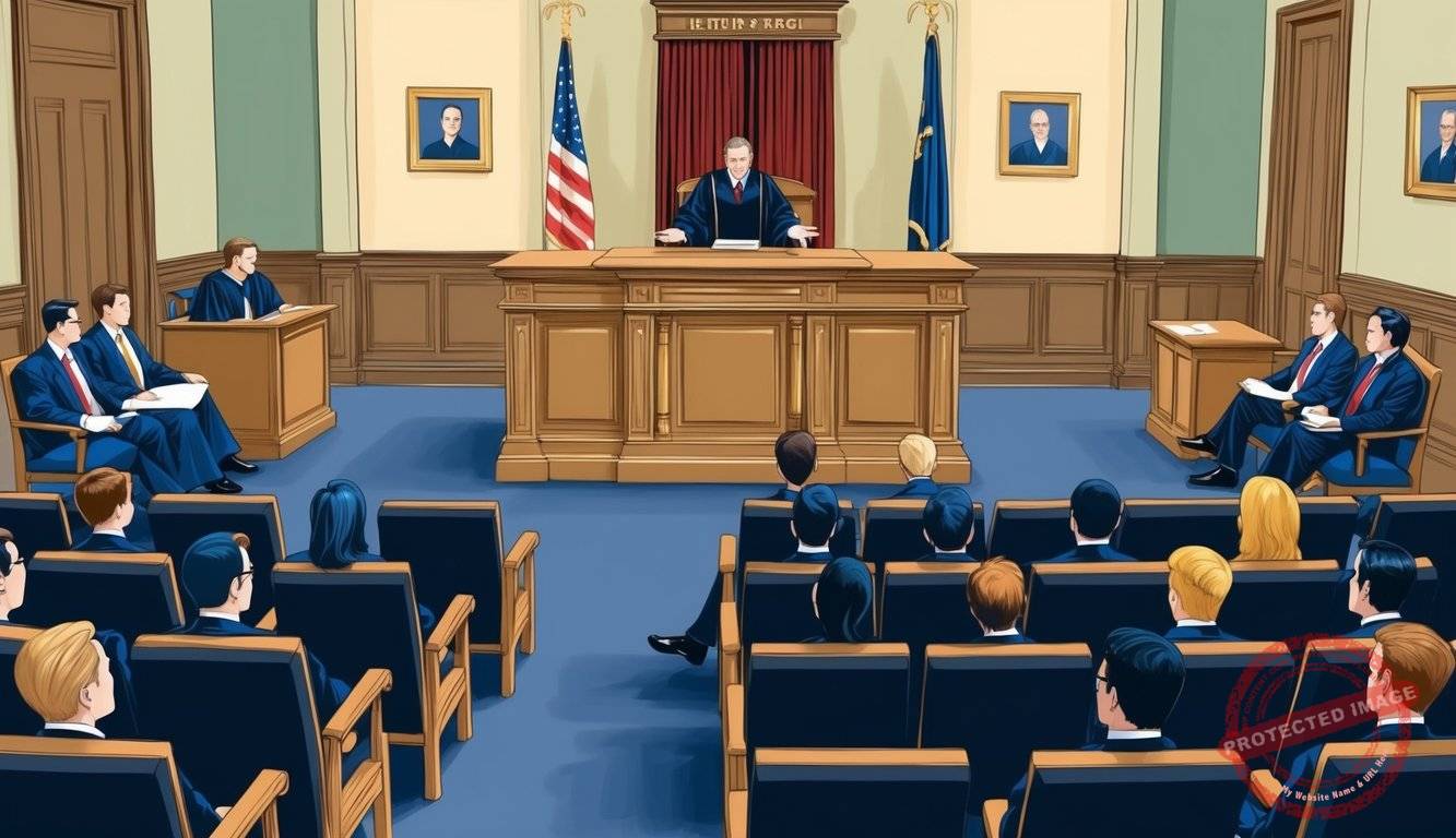 A courtroom with a judge's bench, witness stand, and seating for lawyers and spectators. A plaintiff's attorney presents evidence to the jury