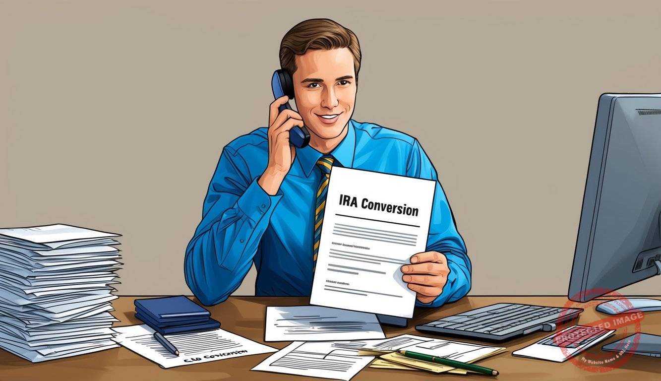 A person sitting at a desk, surrounded by paperwork and a computer, making a phone call to a gold dealer while holding a document labeled "IRA Conversion."