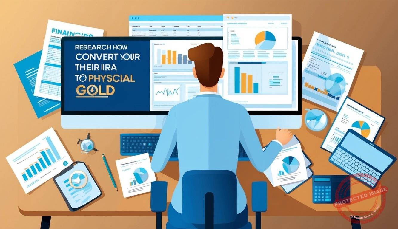 A person sitting at a desk, surrounded by financial documents and a computer, researching how to convert their IRA to physical gold