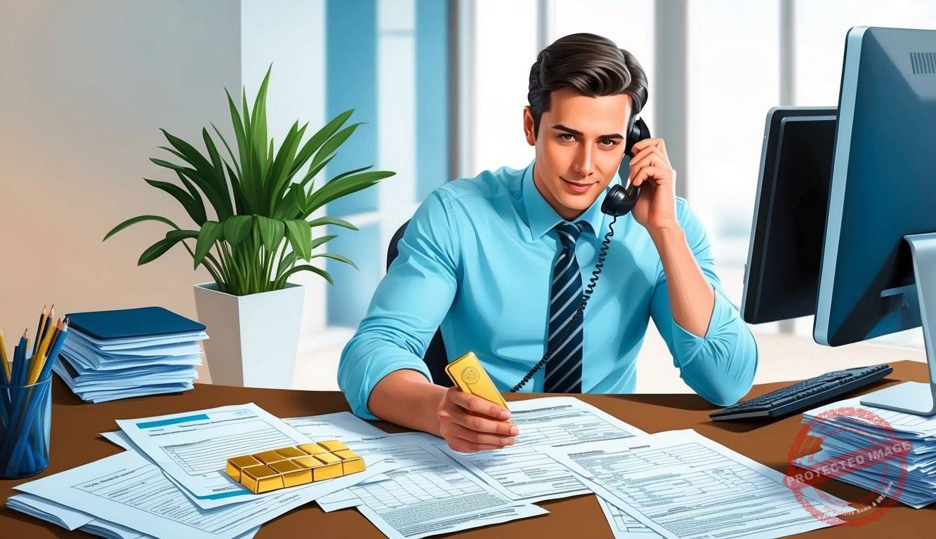 A person sitting at a desk, surrounded by paperwork and a computer, speaking on the phone while holding a gold bar and filling out forms