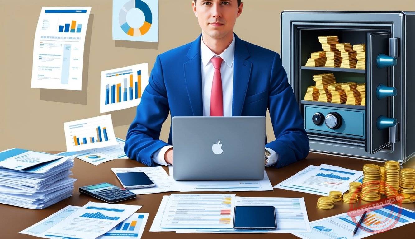 A person sits at a desk with a laptop and paperwork, surrounded by financial documents and a safe filled with gold bars